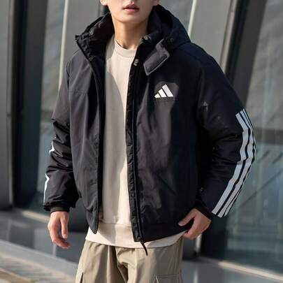아디다스 남성용 아웃도어 스포츠 캐주얼 기본 방풍 따뜻하고 편안한 후드 다운 재킷 JG3845