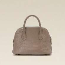 Crocodile Leather Tote Crossbody Bowling Bag - Elephant Gray - View 1