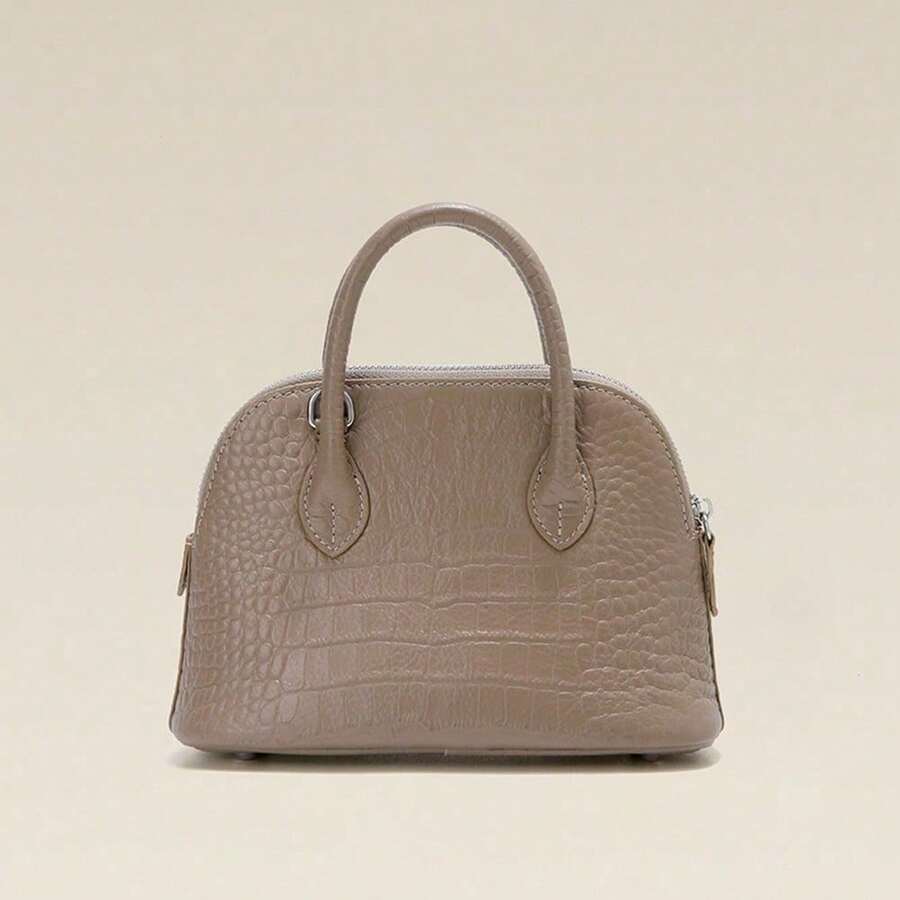 Crocodile Leather Tote Crossbody Bowling Bag - Elephant Gray - View 1
