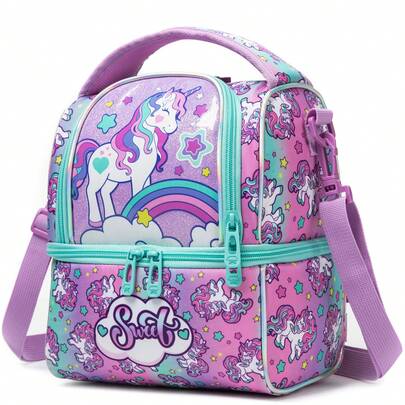 1pc Kids Lunch Bag Cute Double Layered Lunch Bag For Girls Can Be Used As A Backpack Insulated Hot And Cold Fresh-Keeping Bag With Adjustable Shoulder Strap