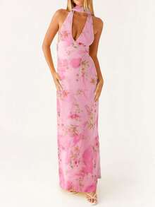 Women Sleeveless V Neck Formal Party Evening Cocktail Long Dress Halter Neck Open Back Silk Satin Maxi Dresses With Scarf - 彩色 - 查看 1