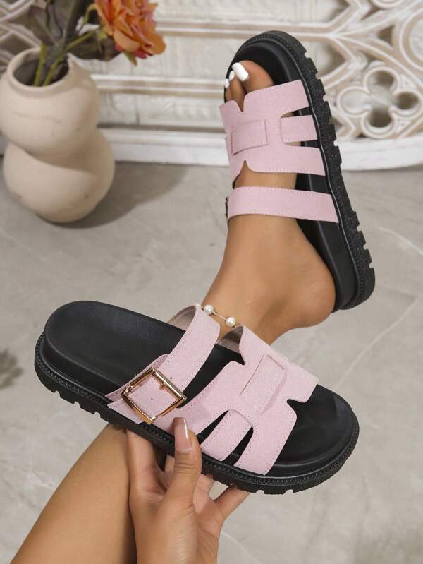 صنادل صيفية للنساء، جديدة مع إبزيم، كعب سميك منحدر، مريحة للارتداء اليومي والخارجي فتحة الأصابع، عصرية وشاملة, صنادل عسكرية باللونين الأسود والوردي