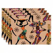 1pc African Women Pattern Printed Table Runner, 4pcs African Women Print Placemats, Suitable For Festivals, Parties, Birthdays, Dinners, Kitchen & Dining Room Decor, All Season Room & Home Textile Decoration Table Flags