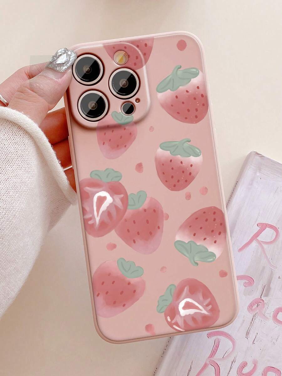 1pc Strawberry And Pink Sakura Floral Matte Edge Phone Case Compatible With Apple//Compatible With Redmi//Compatible With VIVO - Baby Pink - View 1