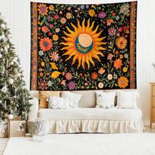 1 pezzo Arazzo in poliestere colorato con sole e fiori, opera d'arte da parete decorativa di stile bohémien, ideale per decorare il soggiorno, la camera da letto, lo studio di yoga e lo spazio di meditazione, un'idea regalo unica per gli amanti della natura