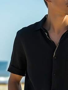 Men's Solid Color Casual Short Sleeve Shirt, Hawaii Resort & Beach - Black - View 3