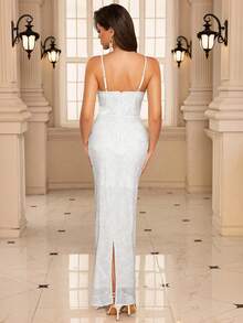 EVERLYL Everly L 性感露肩吊带腰镂空珍珠亮片派对礼服适合约会、生日派对、音乐节、聚会 - 白色 - 查看 3