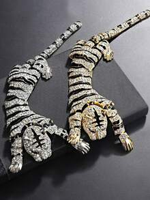 Broche de lujo con tigre personalizado, incrustado con strass de aleación, accesorio de moda exagerado - Amarillo Oro - Ver 1