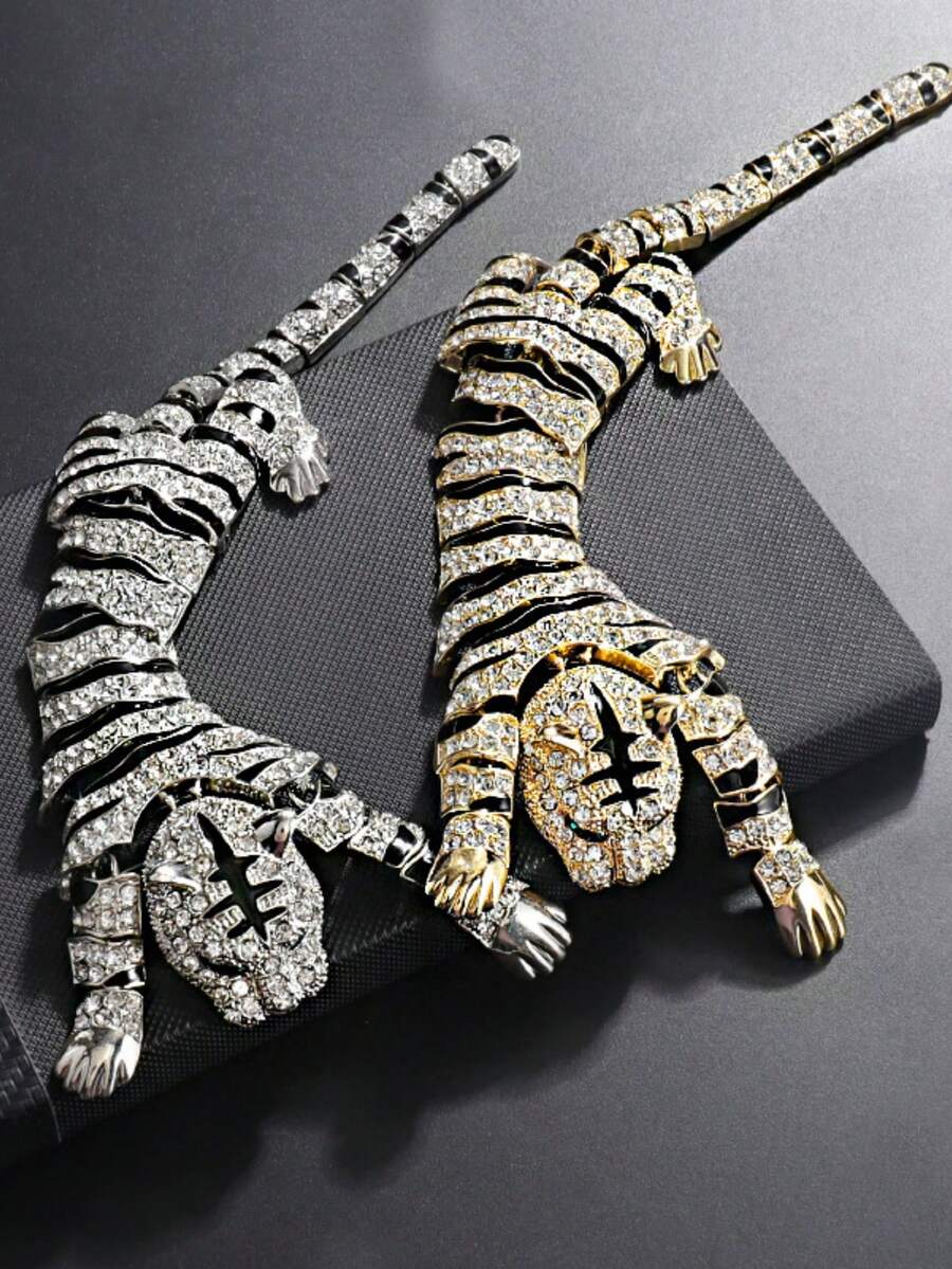 Broche de lujo con tigre personalizado, incrustado con strass de aleación, accesorio de moda exagerado - Amarillo Oro - Ver 1