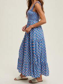Women Floral Tank Dress Smocked Square Neck Sleeveless Backless A-Line Long Tiered Ruffle Dress With Pockets - Blue - View 6