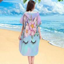 1pc Creative Unicorn Series Printed Hooded Robe Cloak, 250gsm Super Soft Microfiber Super Absorbent Quick Dry Hooded Bath Towel, Suitable For Indoor/Outdoor, Beach, Swimming, Bathroom Back To School - Multicolor - View 5