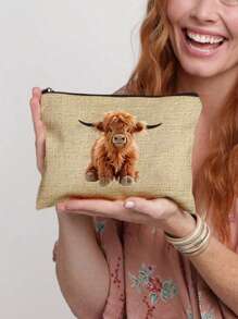 Set de 2 bolsas de lino con estampado de vaca de dibujos animados. Incluye una bolsa de maquillaje, bolso de almacenamiento casual portátil, bolso de moda islámica, bolso con estampado animal, bolso de moda modesta, bolso de compras multifuncional, nuevo diseño, gran capacidad, elección de compras ideal, adecuado para uso diario, regalos del Eid para ella, cumpleaños, vacaciones, playa, viajes, picnics, campamentos, supermercado, almacenamiento diario, regalo del Día de la Madre.
