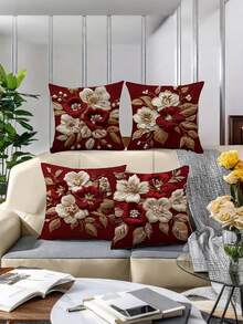 四件套奢华刺绣花卉抱枕套。深红色底布上绣有大朵白色和红色花朵、金色叶子以及精致珍珠。尺寸：17.7 x 17.7 英寸，易于清洁，不含枕芯。 - 紅白色 - 查看 6