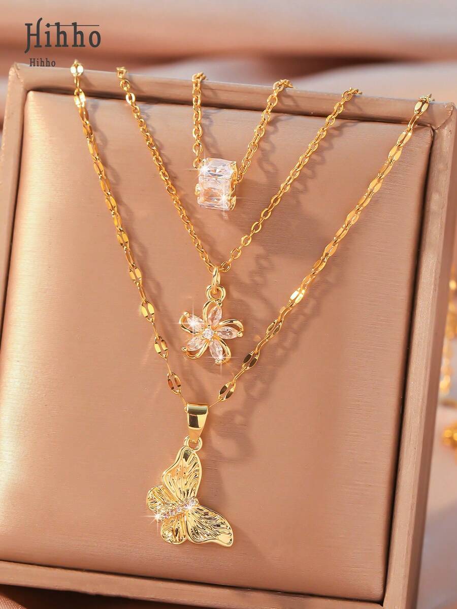 Hihho 3pcs Fashionable & Elegant Butterfly & Flower Design Inlaid Creative Women Necklace Set Luxury Jewelry Gift Valentines - Yellow Gold - View 1