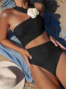 Traje de baño de una pieza con flor 3D de un hombro, traje de baño Monokini con aros push-up huecos, traje de baño de playa de verano 2025