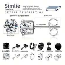 12pcs Stainless Steel Stud Earrings Set, Simple & Versatile Design For Men, Boys & Girls, Gothic Style In Black And Silver - Black and White - View 2