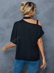 2025 Neuankömmling Damen Lässig Metall-Schnallen Schräg Schulter Muster Locker Sitz T-Shirt für den täglichen Gebrauch, Sommer
