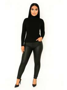 Blusa Cacharrel feminina canelado Gola Média Manga Longa  Segunda Pele Moda Simples Casual