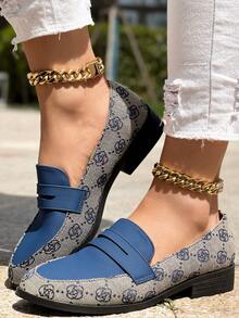 Scarpe piatte da donna stile britannico vintage blu, eleganti mocassini slip-on con punta tonda, da indossare per andare al lavoro o al college, scarpe oxford vintage con stampa floreale - Blu - Visualizzare 7