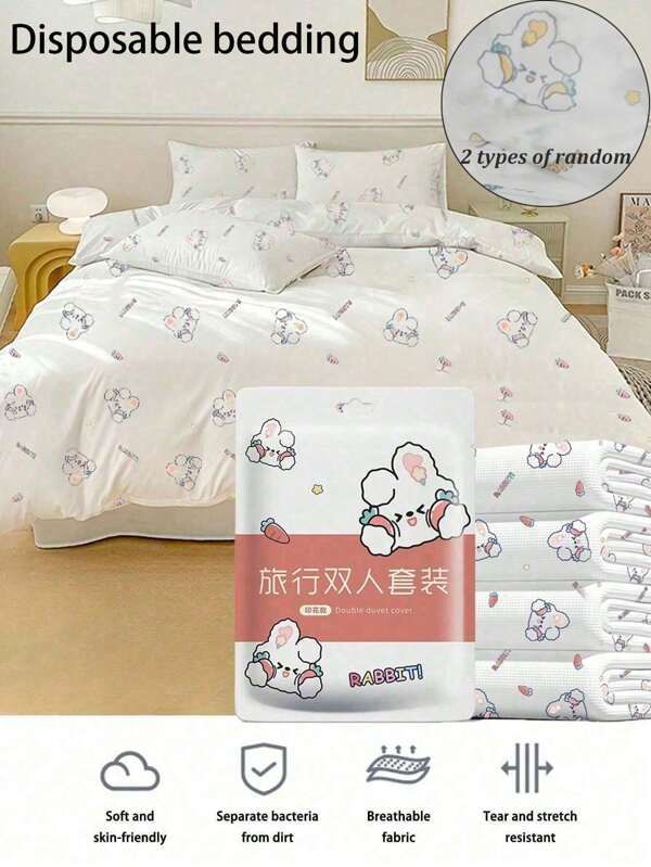 Staying In A Hotel, Disposable Double Enlarged And Widened Four-Piece Set, White Four-Piece Set, No-Wash Disposable Bed Sheets And Pillow Cases, Clean And Hygienic Travel Essentials, Bed Sheets And Quilt Covers