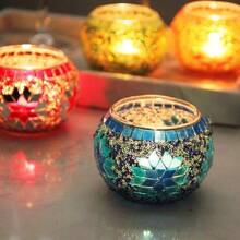 4-Piece Set Of Gorgeous Handmade Turkish Moroccan Mosaic Glass Candle Holders - Colored Unique Decorative Patterns Centerpiece, Handmade Pen Holder, Potted Flower Plate, Makeup Storage, Candle Container For Romantic Dinner, Wedding Anniversary, Birthday, Party Decor, Home Decor And Multicultural Festivals Including Christmas, New Year, Diwali And Three Kings Day