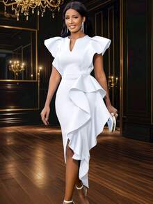 缺口领盖袖不对称下摆派对礼服，优雅鸡尾酒半正式舞会毕业礼服，适合生日、婚礼宾客、毕业典礼、晚宴、返校节、返校节