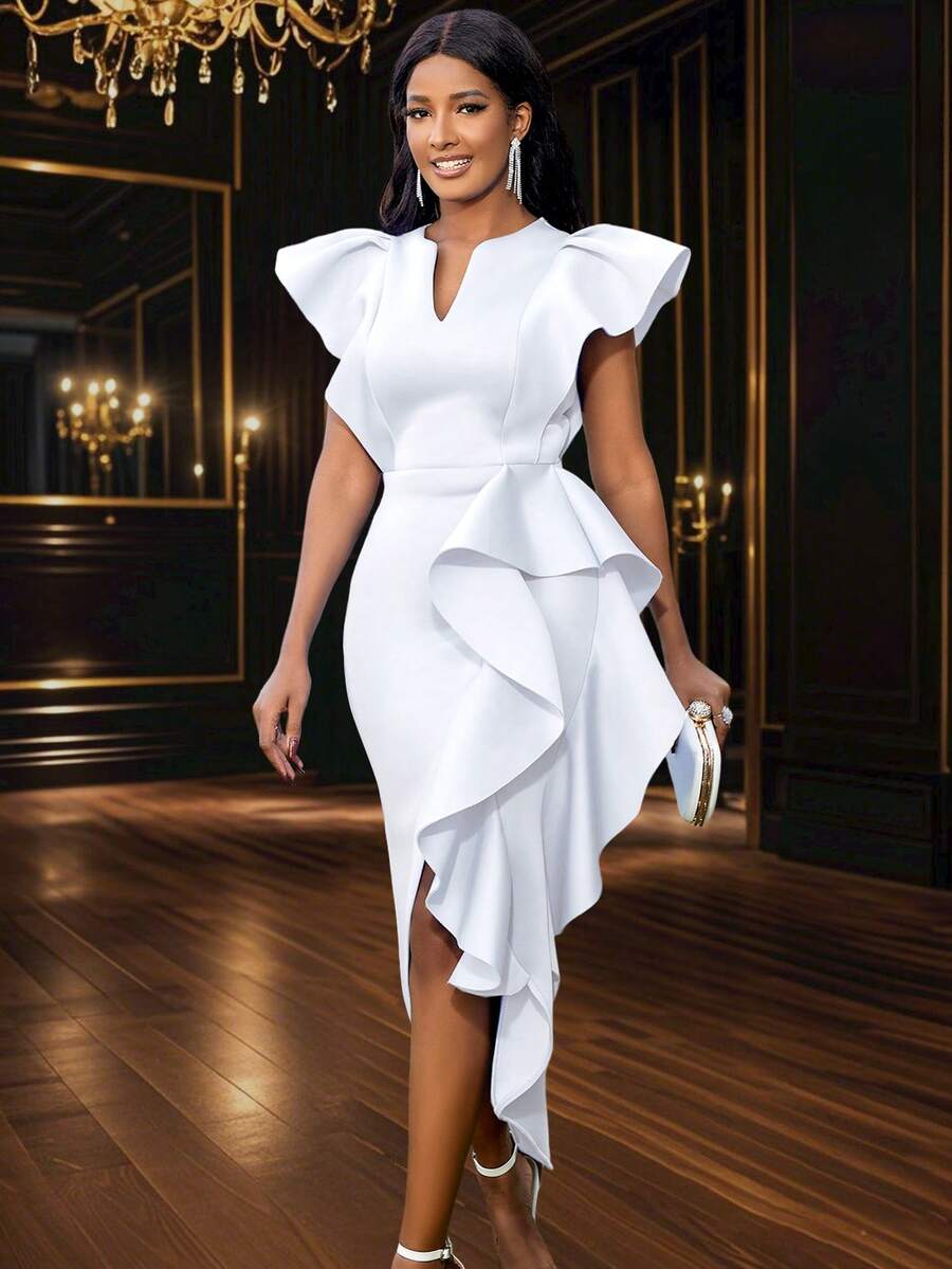 缺口领盖袖不对称下摆派对礼服，优雅鸡尾酒半正式舞会毕业礼服，适合生日、婚礼宾客、毕业典礼、晚宴、返校节、返校节