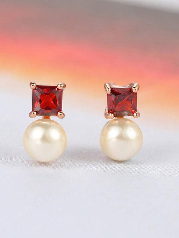1 Pair Minimalist Summer Fashion Fresh Pearl Embedded Red Stone Rose Gold Plated Stud Earrings, Suitable For Daily Wear For Women