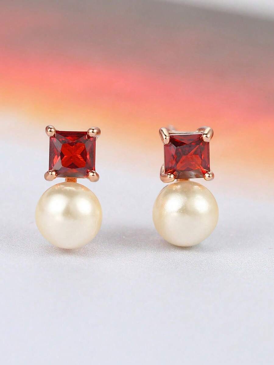 1 Pair Minimalist Summer Fashion Fresh Pearl Embedded Red Stone Rose Gold Plated Stud Earrings, Suitable For Daily Wear For Women