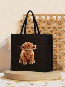 2pcs/Set Cartoon Cow Print Black Linen Tote Bag, Can Be Used As Cosmetic Bag, Portable Casual Storage Handbag, Islamic Fashion Bag, Animal Print Bag, Minimalist Fashion Handbag, Multifunctional Shopping Bag, Brand New Design, Large Capacity, Ideal For Shopping, Suitable For Daily Use, Can Be Used As Birthday Gift, Holiday Gift, Beach Gift, Travel Gift, Picnic Gift, Camping Gift, Supermarket Shopping Gift, Daily Storage Bag, Mother's Day Gift - Black - View 3