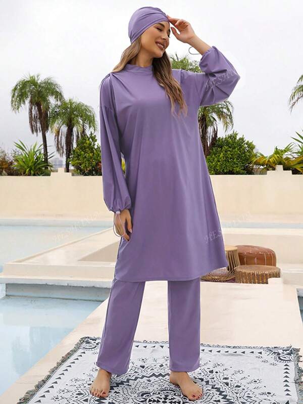 Set da 3 pezzi di burkini, costumi da bagno modesti per donne musulmane, con maniche lunghe e copertura completa, con cappuccio, abbigliamento da spiaggia