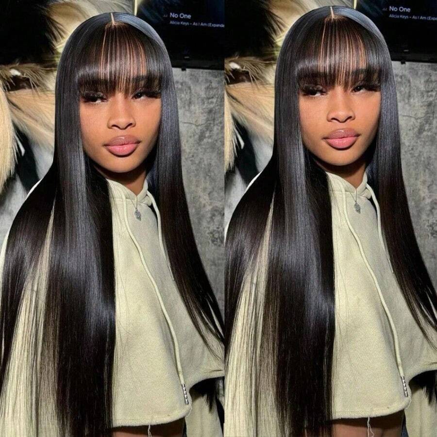 Straight Wig With Bangs Human Hair Glueless Machine-Made Wig 200% Density Pre-Plucked Natural Hairline & Breathable Cap For Women Lightweight & Beginner-Friendly No Glue Need Wig For Daily, Party & Work