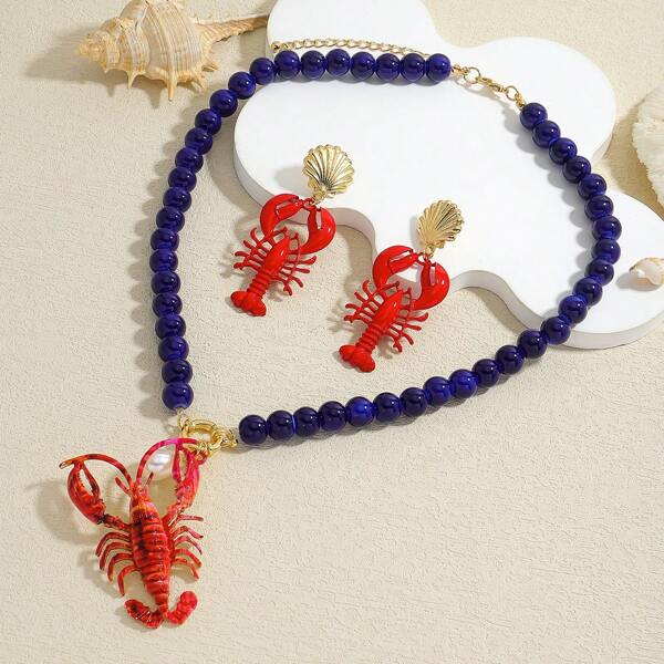 3-Piece Set Cute Seaworld Style Lobster Beaded Necklace Earrings Set, Fashion Seaside Creature Pendant Necklace Earrings, Suitable For Summer Holiday Wear, Adjustable Necklace For Women's Daily Beach Vacation Accessory (Handmade, Color & Design May Vary Slightly)