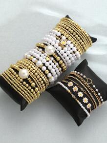 12/8/7/5/4pcs Set Beaded Chunky Faux Pearl Geometric, Round Bead, Square Flower, Heart, Rhinestone Sparkling Stretch Bracelet, Fashion Chic Elegant Retro Design, Suitable For Holiday, Party, Dating, Gift, Daily Wear