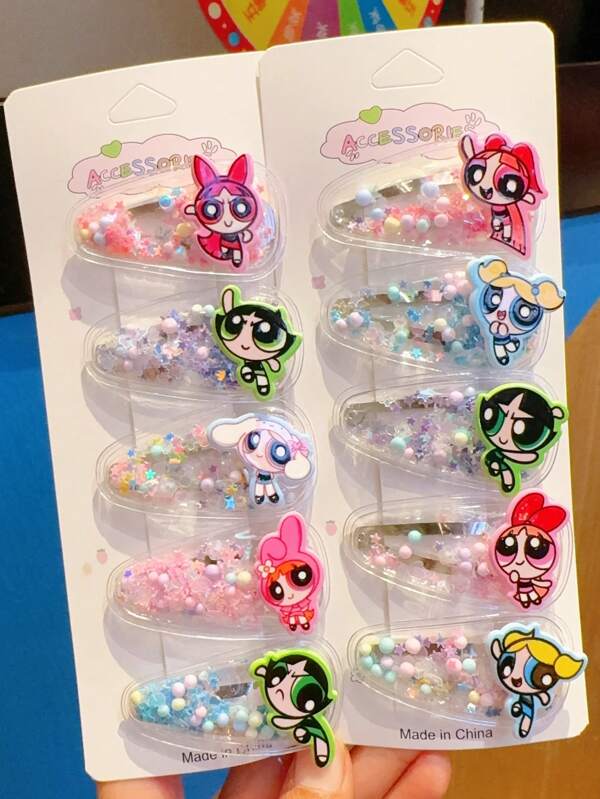 THE POWERPUFF GIRLS Las Chicas Superpoderosas Horquilla para el cabello con alas de dibujos animados infantiles, juez de paz pequeña, pinza de pelo con tarjeta de arena movediza, accesorio de pelo lindo para flequillo de niña