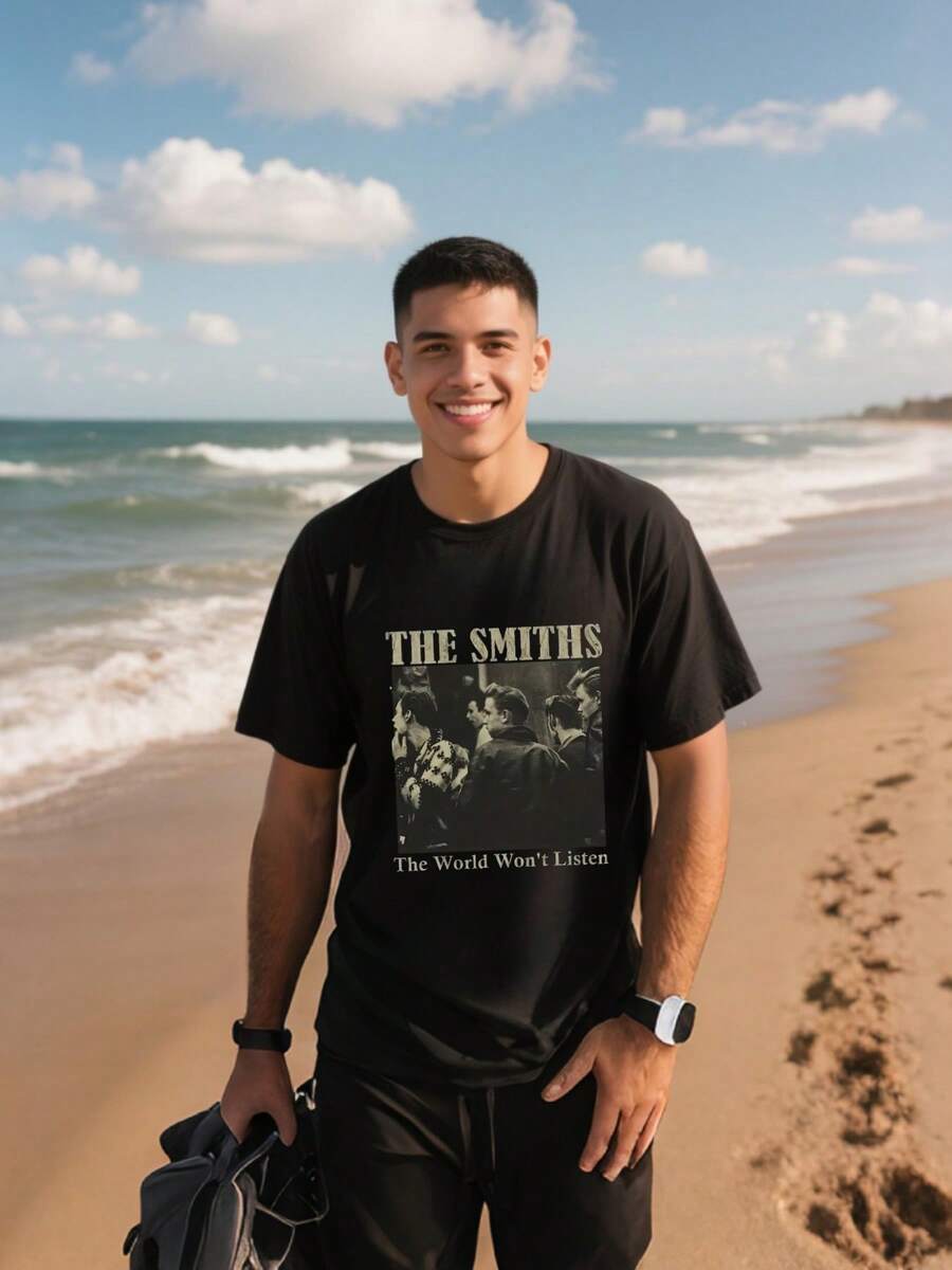 Playera Camisetas de T negra con estampa de The Smiths y la frase The World Won't Listen - Negro - Ver 1