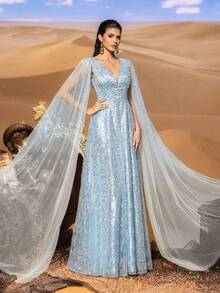 Faeriesty 优雅奢华的珍珠点缀深V领披肩袖串珠亮片正式舞会礼服