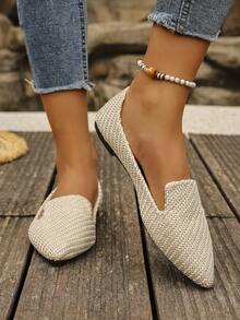 Plus Size 35-45 Women's Hollow Out Flat Slip-On Casual Shoes, Breathable Comfortable Non-Slip Suitable For Spring, Summer And Autumn, Lace-Up Pointed Toe Loafers, Versatile And Lightweight, Floral Woven Canvas Shoes, Fits Slightly Small, Asymmetrical Pattern, All Season Wear For Wide Feet