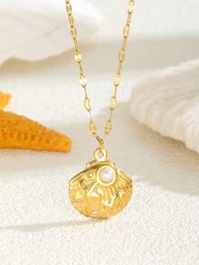 1pc Elegant Fashion Gold Colored Marine Life Shell Conch Turtle Pendant Stainless Steel Bar Necklace For Teenagers Boys And Girls Daily Street Festival Beach Party Travel Wear, Suitable As Birthday And Holiday Gifts For Family, Friends And Classmates - Gold - View 1