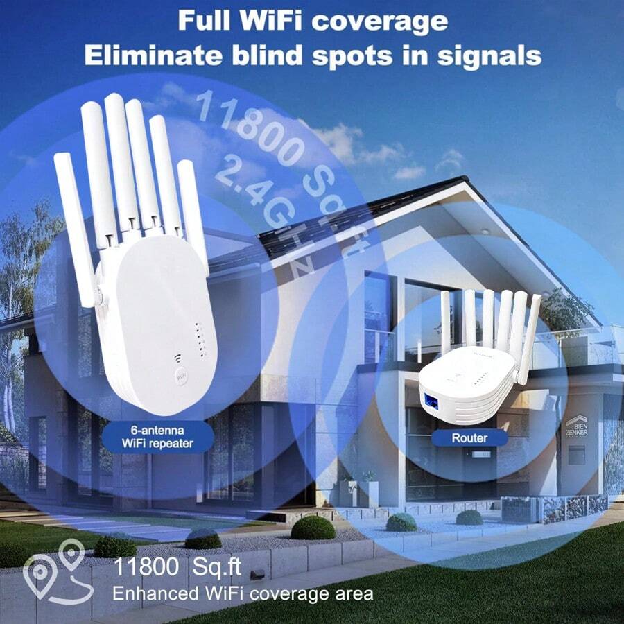 WiFi Extender Signal Booster, 2.4G/5.8G Dual Band 1200Mbps Extended Tecc WiFi Booster Extender (Home), 6x Speed Network Booster Extender, WiFi Repeater Coverage Up To 20K Square Feet And 60 Device, 6 Antenna Competition,1-Tap, Easy Setup, Holiday Gift, New Year Gift - White - View 1