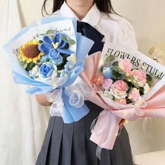 1 pièce Bouquet de fleurs en tricot fait main Rose Tournesol Tulipe Fleur tricotée Cadeau à tenir en main pour les femmes