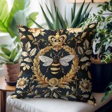1pc Bee Festival Vintage Series Black Background White Wing Bee Printed Pillow Case [No Pillow Insert], 17.7*17.7in(45*45cm), [Single-Sided Printing] Minimalist Modern Polyester Cushion Cover, Room Decor, Home Decor, Bedroom Decor, Room Decoration Stuff For Sofa, Bed, Living Room, Bedroom, Car, Office, Hotel Decoration, Throw Pillow Covers, Suitable For All Seasons, Perfect Gift For Family And Friends