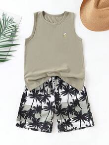2 Pieces Casual Set: Boys Tree Pattern Sleeveless T-Shirt And Elastic Waist Hawaiian Shorts - Olive Green - View 2