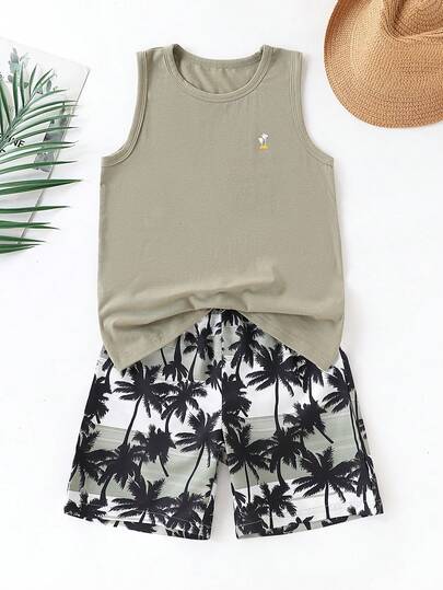 2 delar fritidsset: ärmlös t-shirt med trädmönster för pojkar och Hawaiishorts med resår i midjan