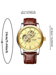 自动手表豪华机械腕表运动 PU 皮革表带防水男士手表商务手表休闲男钟，1 件男士礼物 - 金色 - 查看 6