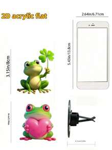 1pc 2D Flat Cute Heart Frog Design Car Vent Clip Decoration, Frog Holding 4-Leaf Clover Acrylic Car Air Freshener Vent Clip, With Dual Fragrance Pads, Random Scents, Car Air Freshener, Valentine's Day Decor