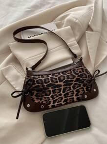 Bolsa de ombro feminina elegante, de cor sólida, com rebites simples e estampa de leopardo, ideal para compras, carteiras, compras, jovens mulheres, estudantes universitárias, recém-chegadas e trabalhadoras de colarinho branco. Ideal para escritórios, universidades, trabalho, negócios, deslocamento diário, atividades ao ar livre, viagens e passeios.