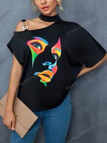 2025 Neuankömmling Damen Lässig Metall-Schnallen Schräg Schulter Muster Locker Sitz T-Shirt für den täglichen Gebrauch, Sommer