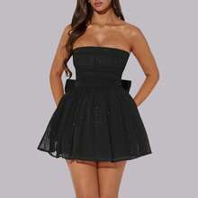 Strapless Short Dress Pleated Homecoming Dresses For Teens Sparkly Tulle Prom Cocktail Party Gowns With Bow Formal Dress Wear - Black - View 1