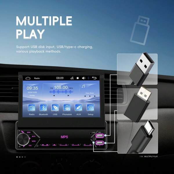 Rádio Estéreo Automotivo Din Simples, Tela Touch Screen de 7 Polegadas, 1080P HD, Reprodutor Multimídia Automotivo MP5 com Bluetooth, Receptor de Rádio FM, Suporte para Conexão de Espelho Retrovisor, Tela Telescópica Manual com Câmera Traseira e Microfone
